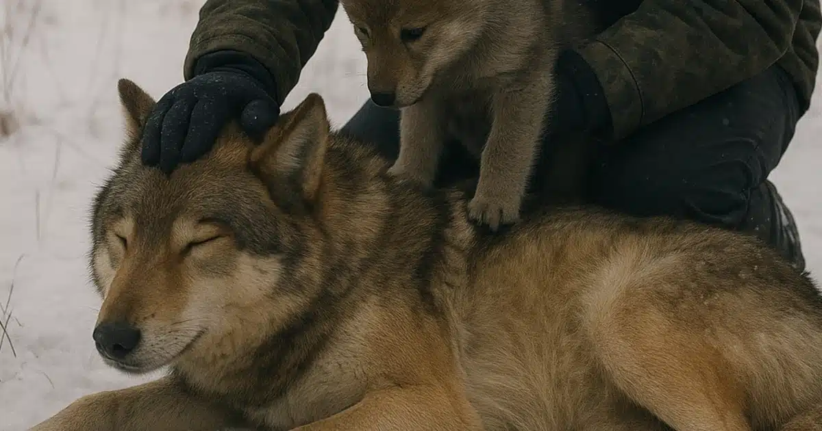 Une louve et son petit dans la neige