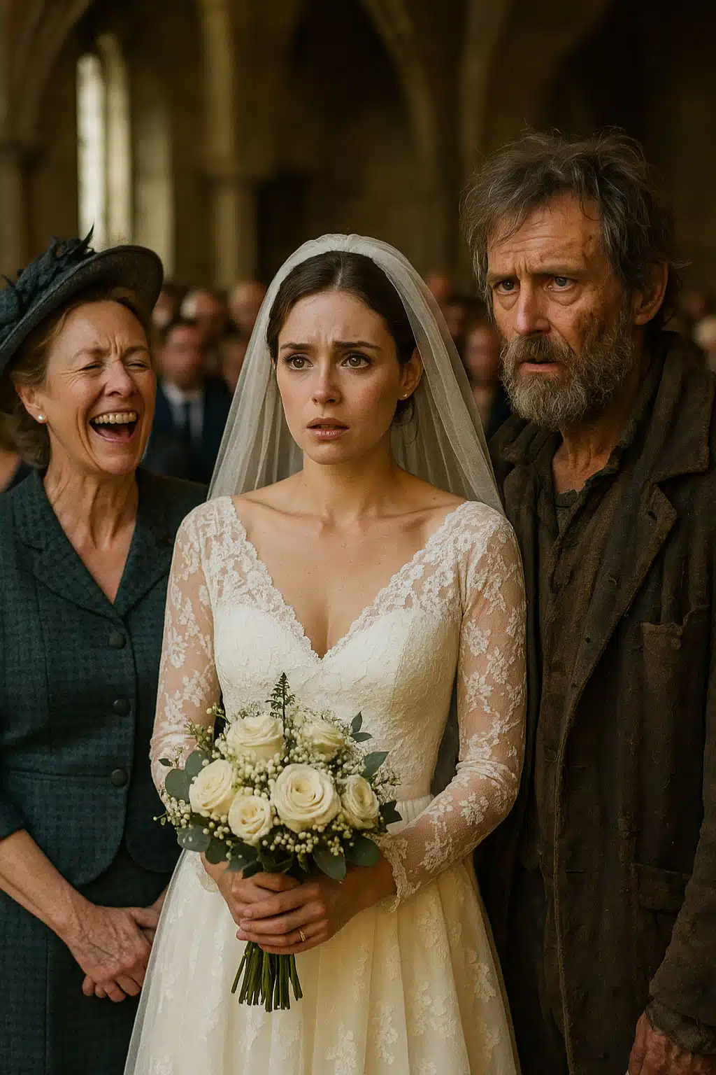 L'homme aux vêtements modestes se tient droit à l'autel, face à une assemblée stupéfaite.