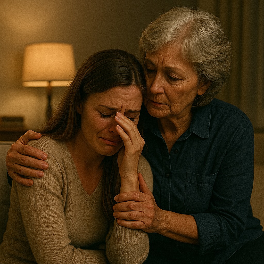 Femme et enfant réconfortés par une grand-mère