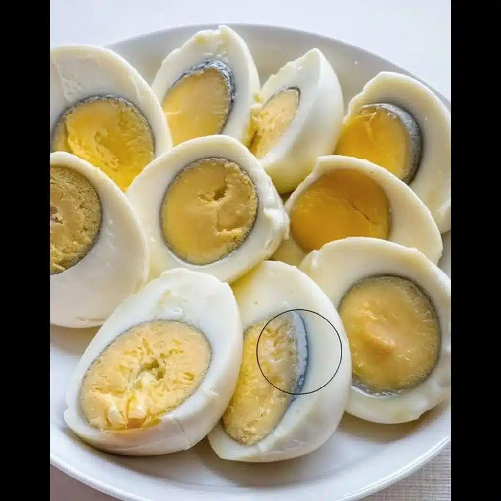 Œuf dur coupé en deux montrant un anneau verdâtre autour du jaune