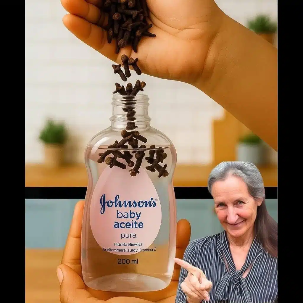 Détail de clous de girofle et flacon d'huile pour bébé