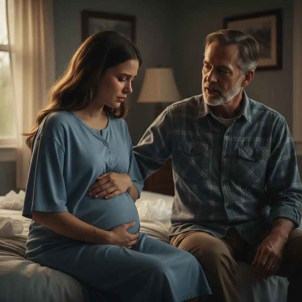 Femme enceinte assise, le regard perdu, les mains sur le ventre, dans une pièce sombre.