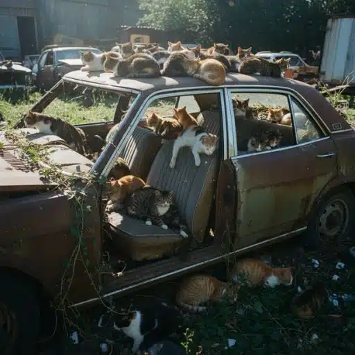 Chats installés dans une voiture abandonnée