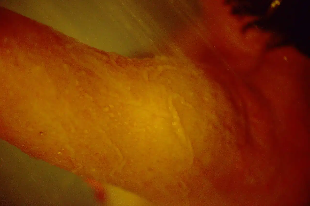 Détail d'une épaule sous un jet d'eau tiède dans une douche, évoquant le bien-être et la douceur.