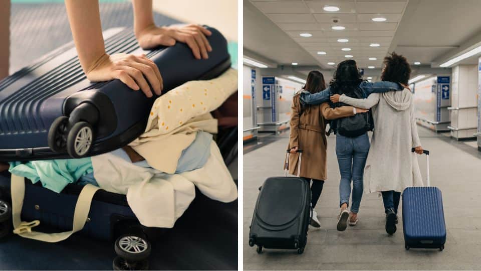 Personne attachant un ruban coloré sur une valise à l'aéroport