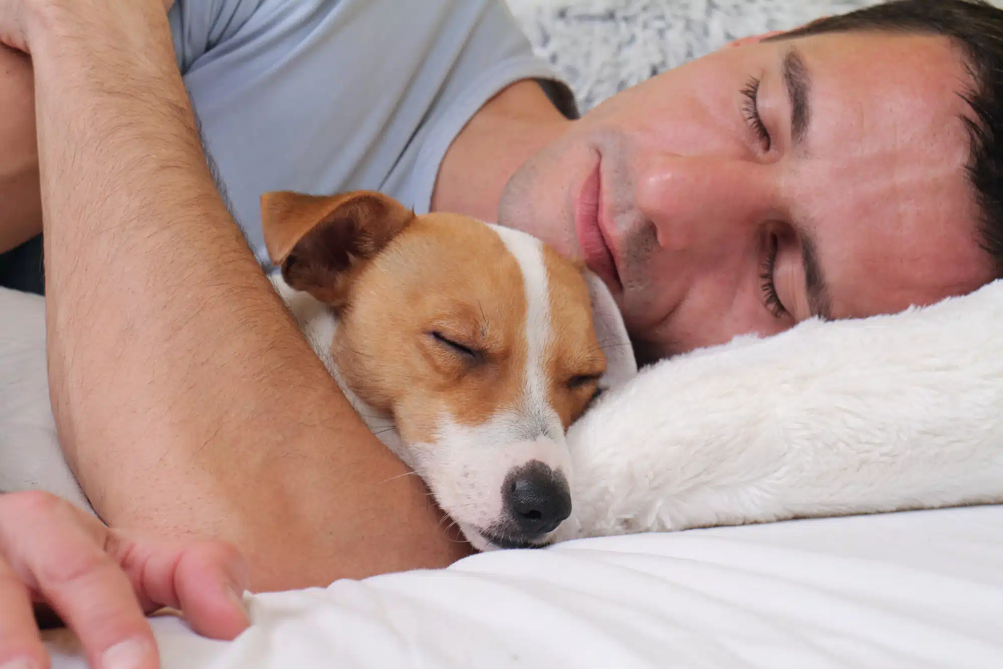 Femme souriante et chien se regardant avec tendresse sur un lit
