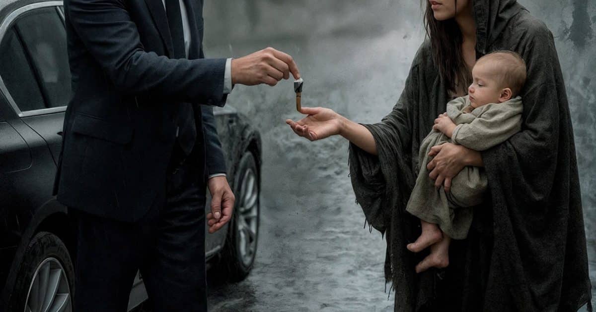 Alors qu’il se rendait à l’aéroport, un homme fortuné croise une mendiante trempée tenant un enfant dans ses bras. Ému, il lui tend les clés de sa maison