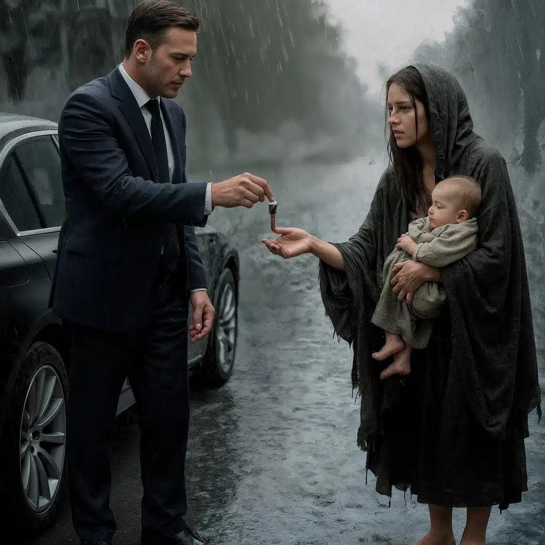 Alors qu’il se rendait à l’aéroport, un homme fortuné croise une mendiante trempée tenant un enfant dans ses bras. Ému, il lui tend les clés de sa maison
