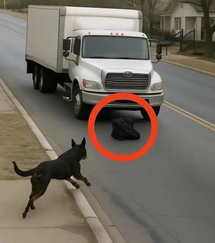 Chien noir et blanc sur une route
