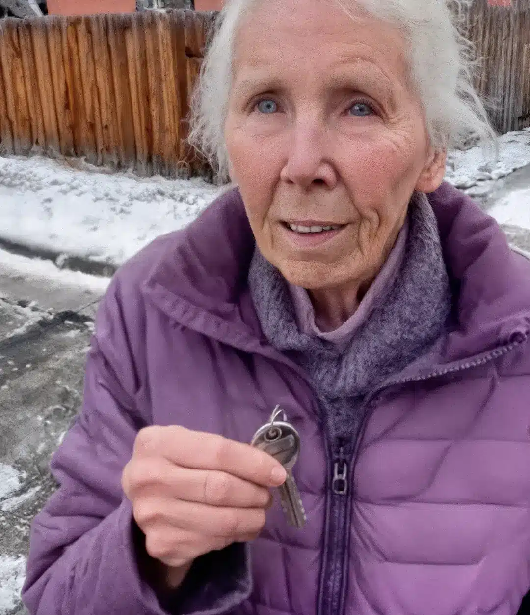 Une femme tenant une vieille clé, le regard empreint de doute et de tristesse