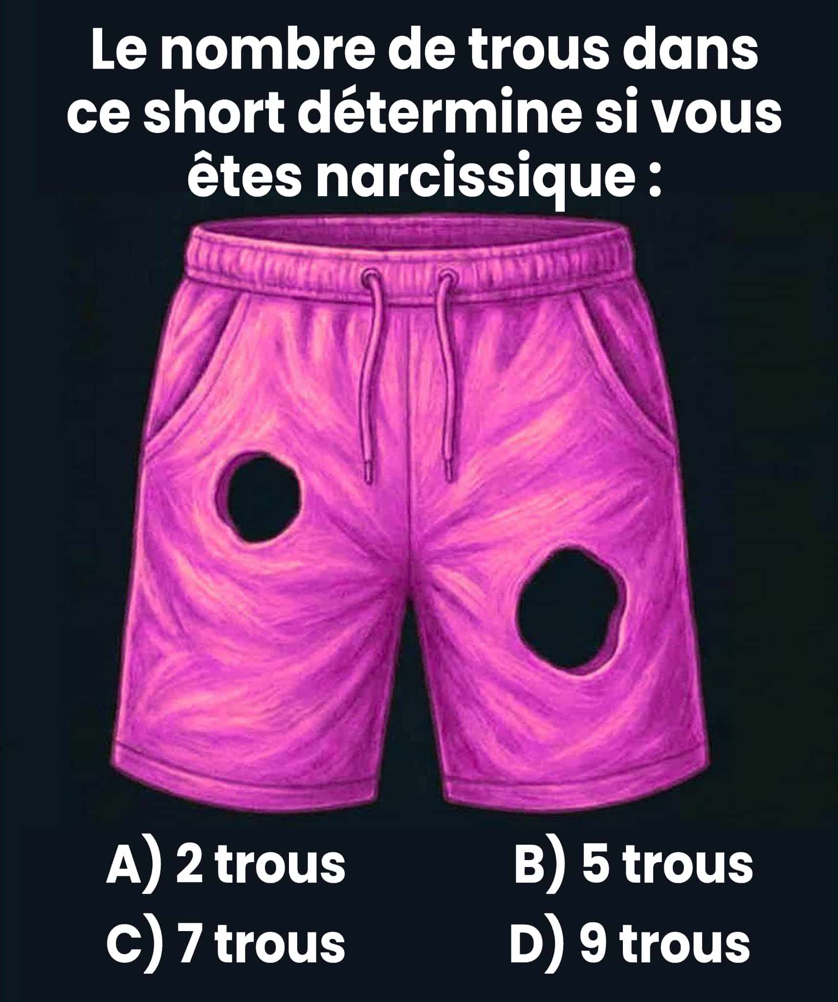 Image d'un short en jean déchiré avec la question : Combien de trous voyez-vous ? Options : A) 2, B) 5, C) 7, D) 9