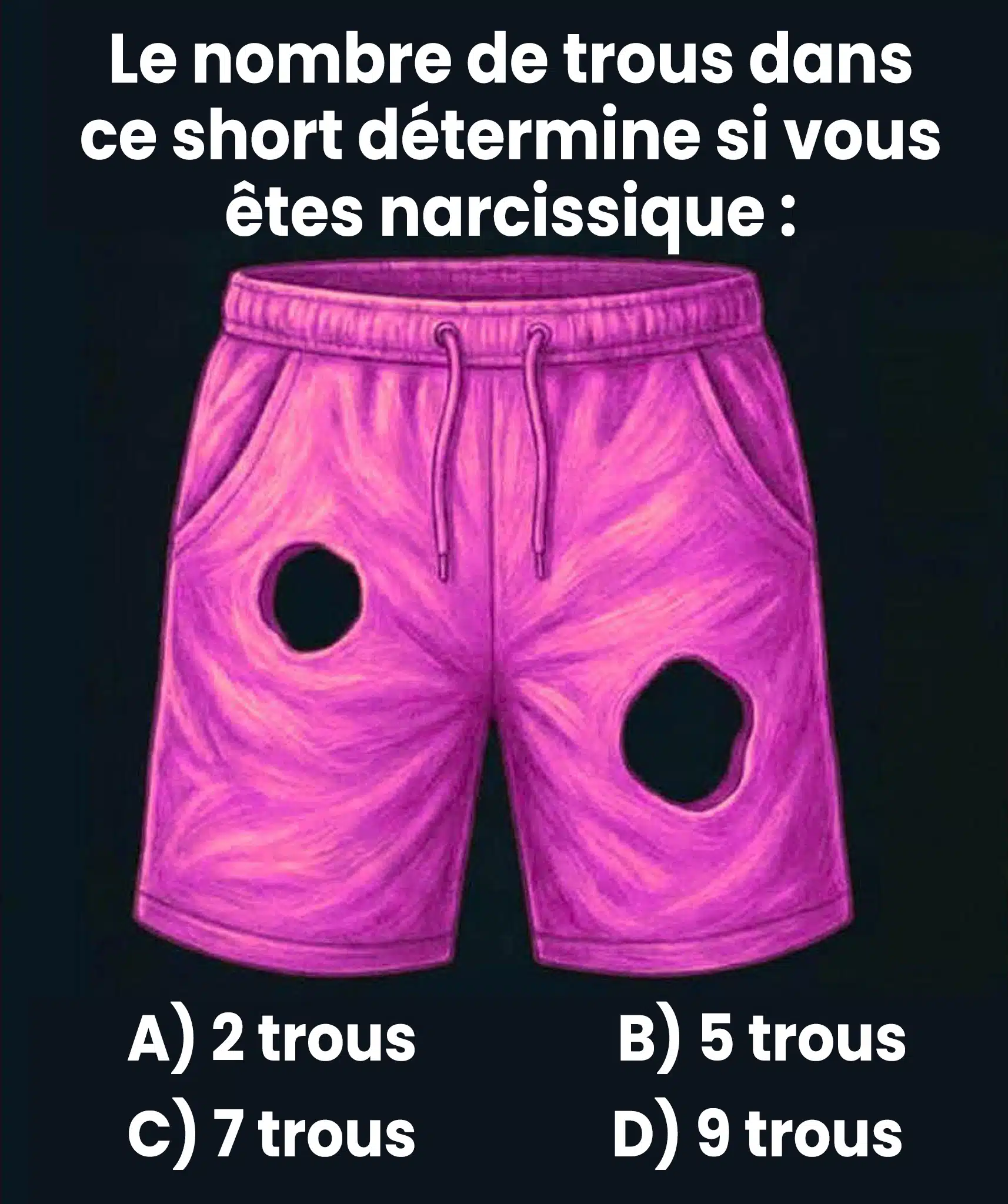 Image d'un short en jean déchiré avec la question : Combien de trous voyez-vous ? Options : A) 2, B) 5, C) 7, D) 9