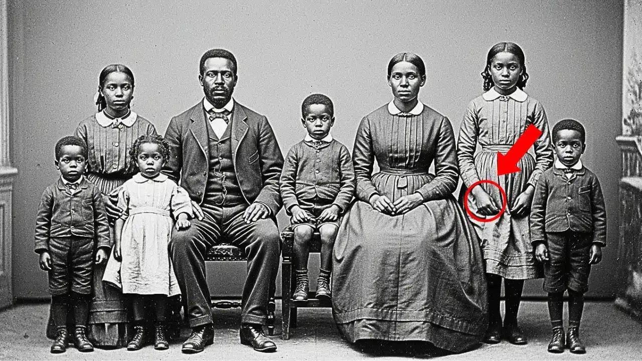 Détail du portrait de famille de 1872 montrant la main de la petite fille