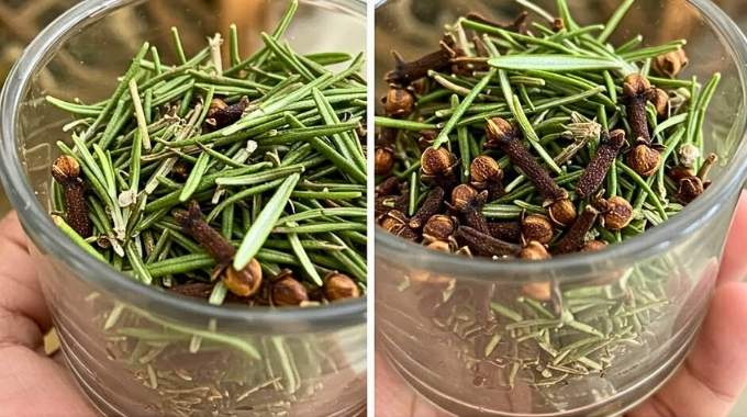 Mélange de romarin frais et de clous de girofle dans un mortier en bois