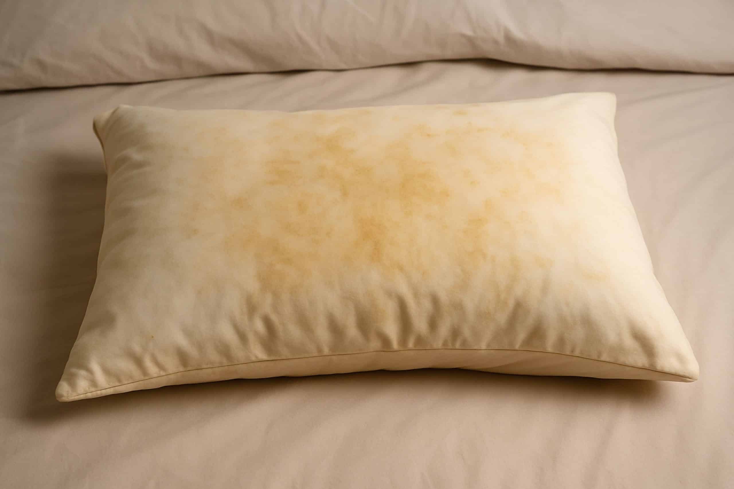 Détail d'un oreiller en cours de traitement avec de l'eau oxygénée