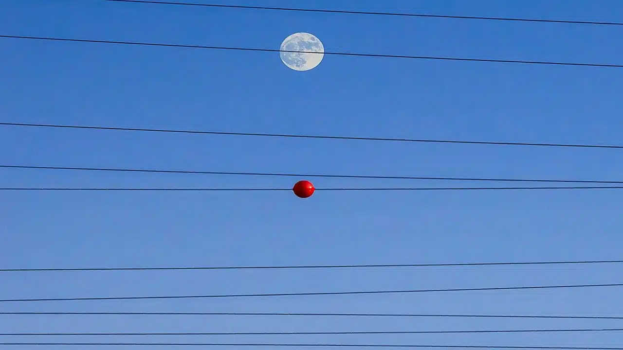 Paysage avec lignes électriques et boules de signalisation sous un ciel bleu
