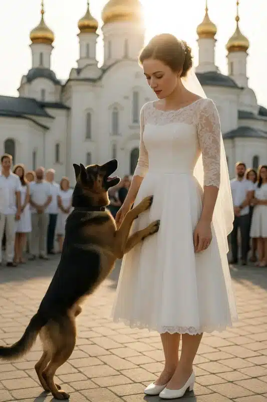 Chien et mariée en robe blanche