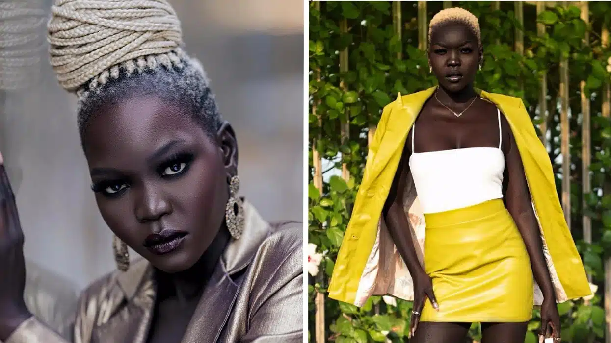 Nyakim Gatwech posant avec assurance en tenue moderne