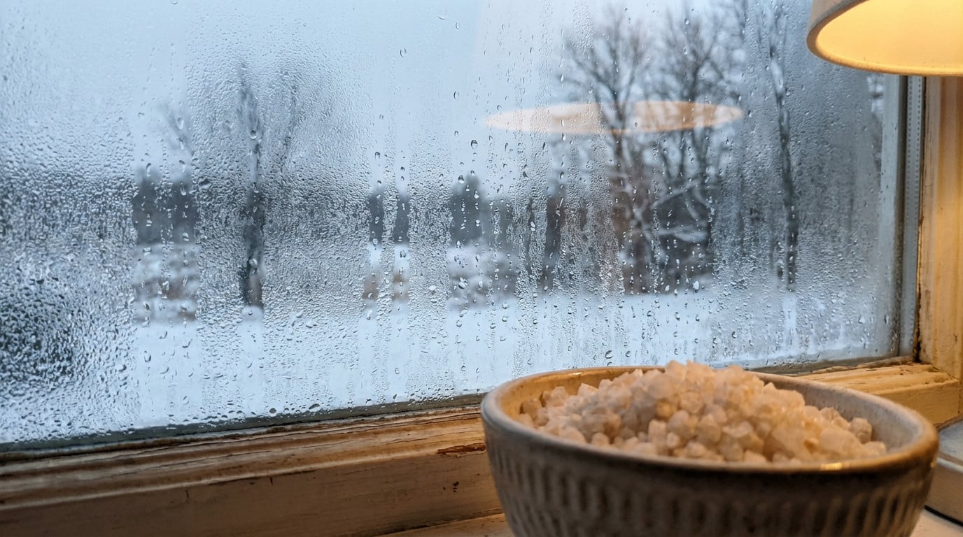 Fenêtre avec condensation et bol de sel en gros plan